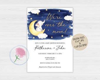 Une petite étoile scintillante scintillante d'invitation, une invitation pour une baby shower d'éléphant neutre en termes de genre, une invitation numérique personnalisée pour une baby shower sur la lune