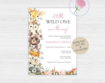 May include: A baby shower invitation with a pink and green woodland theme. The invitation features a deer, owl, bear, fox, and raccoon with flowers and mushrooms. The text reads "A little WILD ONE is on the way!"  Join us for a baby shower in honor of Samantha & Michael. Saturday, January 14, 2-4 PM. 45 Holland Dr. Ajax, VA 45678. RSVP to Sandra at 678-908-8790. Registered at Target and Amazon. Digital files 5"x7" JPG & 1-UP (5x7)PDF.