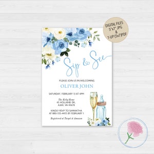 Customized Digital Sip and See Baby Invite,Blue Floral Welcome Baby Invite,Baby Blue Floral Sip and See Invite,Meet & Greet Baby Invite