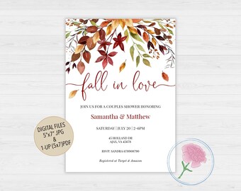 Fall In Love Bridal Shower Invite,Fall Leaves Couples Shower Invite,Autumn Wedding Shower Invite,Customized Digital Fall in Love Invite