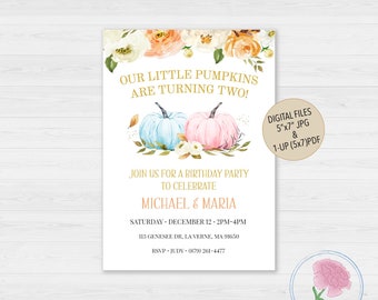 Little Pumpkins Birthday Invitation,Fall Twins Birthday Invite,Autumn Birthday Invite,Customized Digital Twins Boy & Girl Birthday Invite