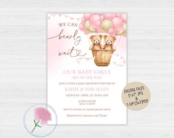 May include: Pink and gold baby shower invitation with a watercolor illustration of two teddy bears in a hot air balloon. The text reads "We can barely wait! Our baby girls are on the way! Join us for a baby shower in honor of Kathy & Tom Allen. Saturday, April 20, 10am-2pm. 45 Holland Dr, Ajax, VA 45678. RSVP to Sandra at 334.666.4444 by April 10. Registered at Amazon and Target."