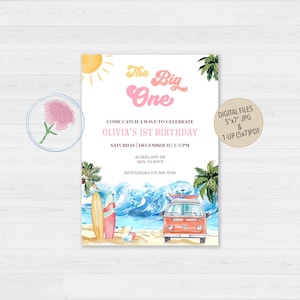 Surfen eerste verjaardag uitnodigen, The Big One Invite, aangepaste digitale surfen Retro Van 1e verjaardag uitnodigen, surfplank meisje 1e verjaardag uitnodigen
