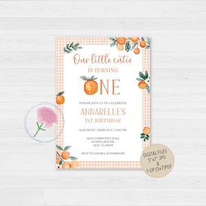 Little Cutie First Birthday Invite,Customized Digital Cutie 1st Birthday Invite,Clementines 1st Birthday Invite,Cutie Orange Gingham Invite
