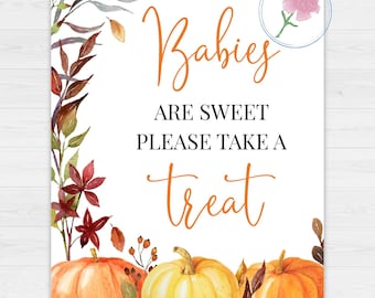 Hösttema babyshower-skylt, pumpa utskrivbar 8x10 skylt, höstpumpa utskrivbar 8x10 bebisar är söta skylt, bebisar är söta, ta en godbit!