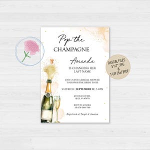 Pop The Champagne Brautparty einladen, Brunch und sprudelnde Verlobungsfeier einladen, benutzerdefinierte Digital, die sie ihren Nachnamen einlädt