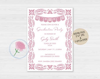 Pink Talavera Graduation Invite,Dusty Rose Talavera Invite,Customized Digital Mexican Fiesta Grad Party Invite,Papel Picado Grad Party