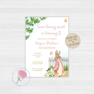 May include: A printable invitation for a 2nd birthday party featuring a watercolor illustration of a bunny in a pink dress. The invitation says "Some bunny sweet is turning 2" and includes the name "Kaycee Parker's" and the party details.