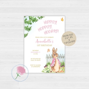 May include: A watercolor illustration of a bunny rabbit wearing a pink jacket and holding a carrot. The bunny is standing in a garden with green grass, flowers, and a white picket fence. The text "Hippity Hoppity Hooray!" is at the top of the invitation. The text "Annabelle's 1st Birthday" is in the center of the invitation. The text "Saturday December 11 2-5 PM" is below the bunny. The text "45 Holland Dr Ajax, VA 45678" is below the date and time. The text "RSVP to Sandra at 678908790" is at the bottom of the invitation. The text "Digital Files 5"x7" JPG & 1-Up (5x7)PDF" is in the top right corner of the invitation.