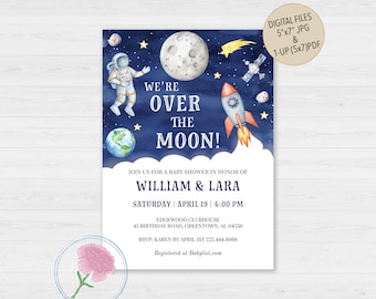 Over The Moon Baby Shower Invite,Outer Space Baby Shower Invite,Rocket Planets Astronaut Invite,Customized Digital Space Baby Shower Invite,