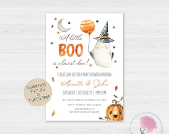 May include: A Halloween-themed baby shower invitation with a cute ghost holding a balloon. The invitation says "A little BOO is almost due!" and includes the names Annette & John, the date and time of the shower, and the address. It also includes the RSVP information and where the couple is registered.
