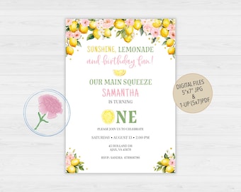 Faire-part d'anniversaire citron, faire-part d'anniversaire numérique personnalisé citrons, invitation d'anniversaire floral rose citron, invitation d'anniversaire de fille de fête d'été