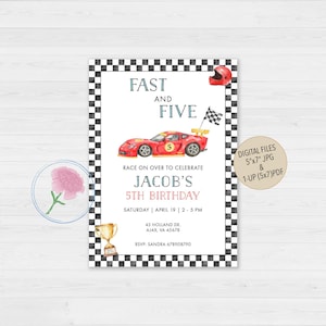 May include: A black and white checkered background with a red race car and a checkered flag. The text "Fast and Five" is at the top of the invitation. The text "Race on over to celebrate Jacob's 5th Birthday" is below the car. The date and time of the party are listed below the text. The text "RSVP: Sandra 678908790" is at the bottom of the invitation.