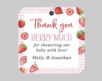 Berry Baby Shower Tags,Thank you Berry Much Printed Tags,Strawberry Pink Gingham Baby Shower Tags,Strawberry Printed Thank you Tags