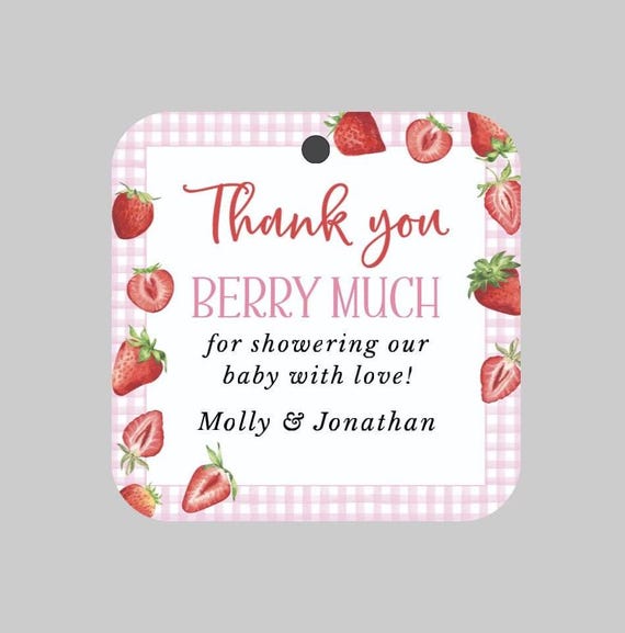 Berry Baby Shower Tags,Thank you Berry Much Printed Tags,Strawberry Pink Gingham Baby Shower Tags,Strawberry Printed Thank you Tags