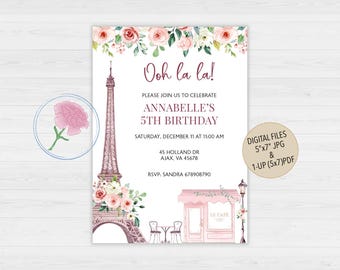 Invitación de cumpleaños de París, invitación de cumpleaños de la Torre Eiffel, invitación de cumpleaños de un café francés, invitación de cumpleaños de un café parisino digital personalizada