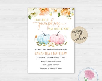 Little Pumpkins TWIN Boy and Girl Baby Shower Invite,Two little pumpkins are on the way!,Customized Digital Fall Twin Baby Shower Invite