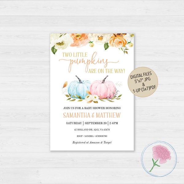Little Pumpkins TWIN Boy and Girl Baby Shower Invite,Two little pumpkins are on the way!,Customized Digital Fall Twin Baby Shower Invite