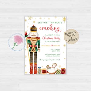 May include: A Christmas party invitation featuring a watercolor illustration of a nutcracker holding a candy cane. The invitation has a gold glitter background and the text "Let's get this party cracking" in red. The invitation also includes the date, time, and location of the party.