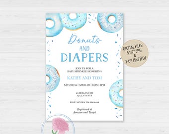 Donuts Baby Sprinkle Invite,Donuts and Diapers Invite,Boy Baby Sprinkle Invite,Donuts Boy Baby Shower Invite,Blue Donuts Invite