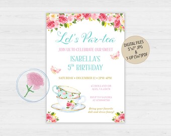 TEA Party Invitation,Birthday PAR-TEA Invitation,Teacups Birthday Invite,Customized Digital Tea Party Birthday Invite,Kids Birthday Invite