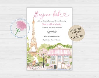Paris Baby Girl Shower Invite,Eiffel Tower Baby Shower Invite,Customized Digital French Patisserie Invite,Parisian Cafe Invite,Bonjour Bebe