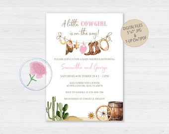 Inbjudan till babyshower med liten cowgirl, inbjudan till babyshower med lantlig cowgirl, anpassad digital babyshowerinbjudan med vilda västernmotiv
