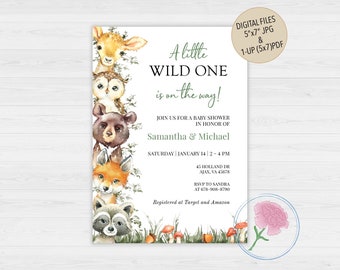May include: Baby shower invitation with watercolor illustrations of woodland animals, including a deer, owl, bear, fox, and raccoon. The invitation reads "A little WILD ONE is on the way!" and includes event details.