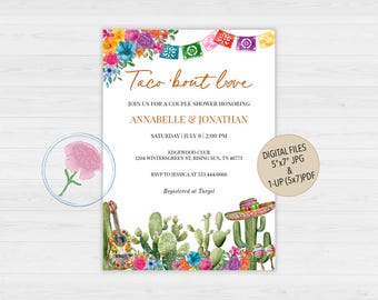 Taco bout Love Invite,Customized Digital Mexican Bridal Shower Invite,Bright Colorful Floral & Desert Cactus Invite,Fiesta Engagement Invite