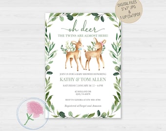 Twins Baby Shower Invite,Woodland Deer Twins Baby Shower Invite,Twin Boys or Twin Girls Baby Shower,Customized Digital Twin Deer Invite