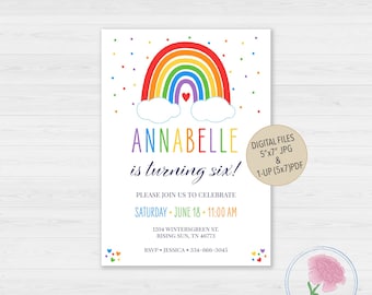 Può includere: Un invito di compleanno arcobaleno colorato con un cuore in cima e nuvole sotto. Il testo recita "Annabelle compie sei anni!" con i dettagli per la festa, tra cui data, ora, indirizzo e informazioni RSVP.
