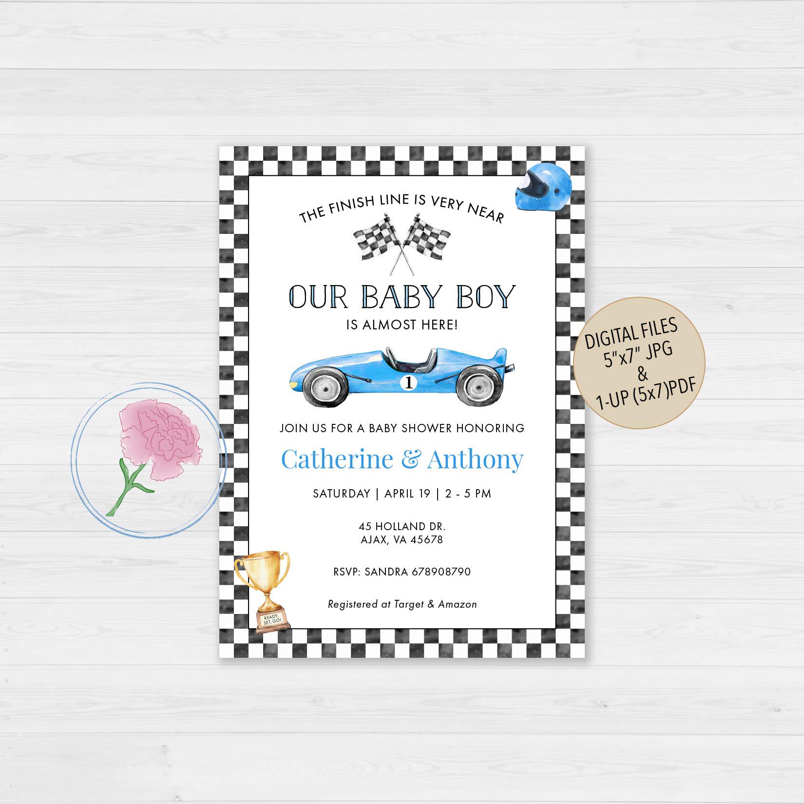 Rennauto-Babyparty einladen, Renn-Babyparty einladen, kundenspezifische digitale blaue Rennauto-Babyparty einladen, Sport, die Babyparty einladen