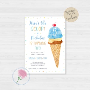 Ice cream Birthday Invitation,Here&#39;s the scoop Birthday Invite,Ice cream Boy Party Invite,Customized Digital Ice Cream Kids Birthday Invite