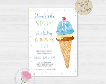 Ice cream Birthday Invitation,Here's the scoop Birthday Invite,Ice cream Boy Party Invite,Customized Digital Ice Cream Kids Birthday Invite