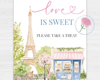 Puede incluir: Un cartel imprimible con una ilustración de acuarela de la Torre Eiffel, una cafetería parisina y una bicicleta. El cartel dice "el amor es dulce" y "por favor, toma un capricho".