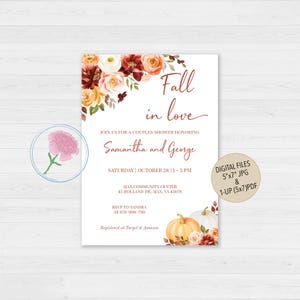 May include: A rectangular invitation card featuring watercolor floral accents in shades of orange, red, and white, with the text Fall in love, Samantha and George, and event details. A small pink flower icon and a circular badge stating 5x7 inches are visible.