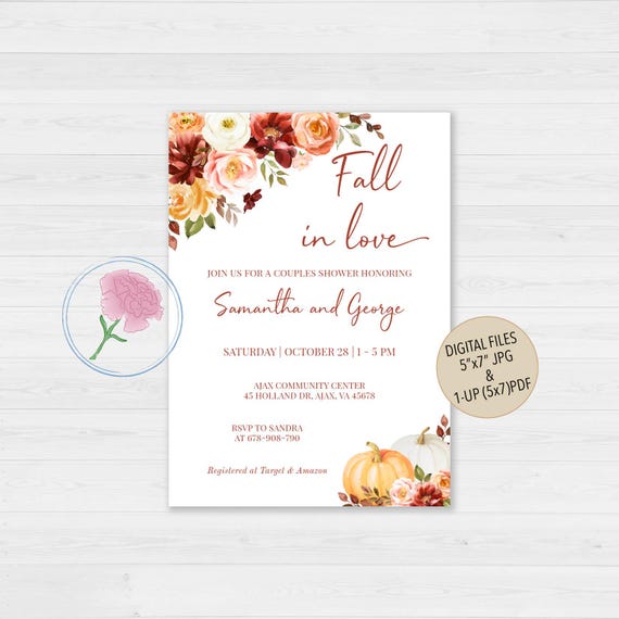 Fall In Love Bridal Shower Invite, Fall Floral Couples Shower Invite, Autumn Boho Floral Invite,Customized Digital Fall Bridal Shower Invite