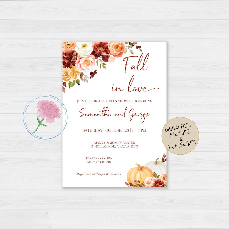 May include: A rectangular invitation card featuring watercolor floral accents in shades of orange, red, and white, with the text Fall in love, Samantha and George, and event details. A small pink flower icon and a circular badge stating 5x7 inches are visible.