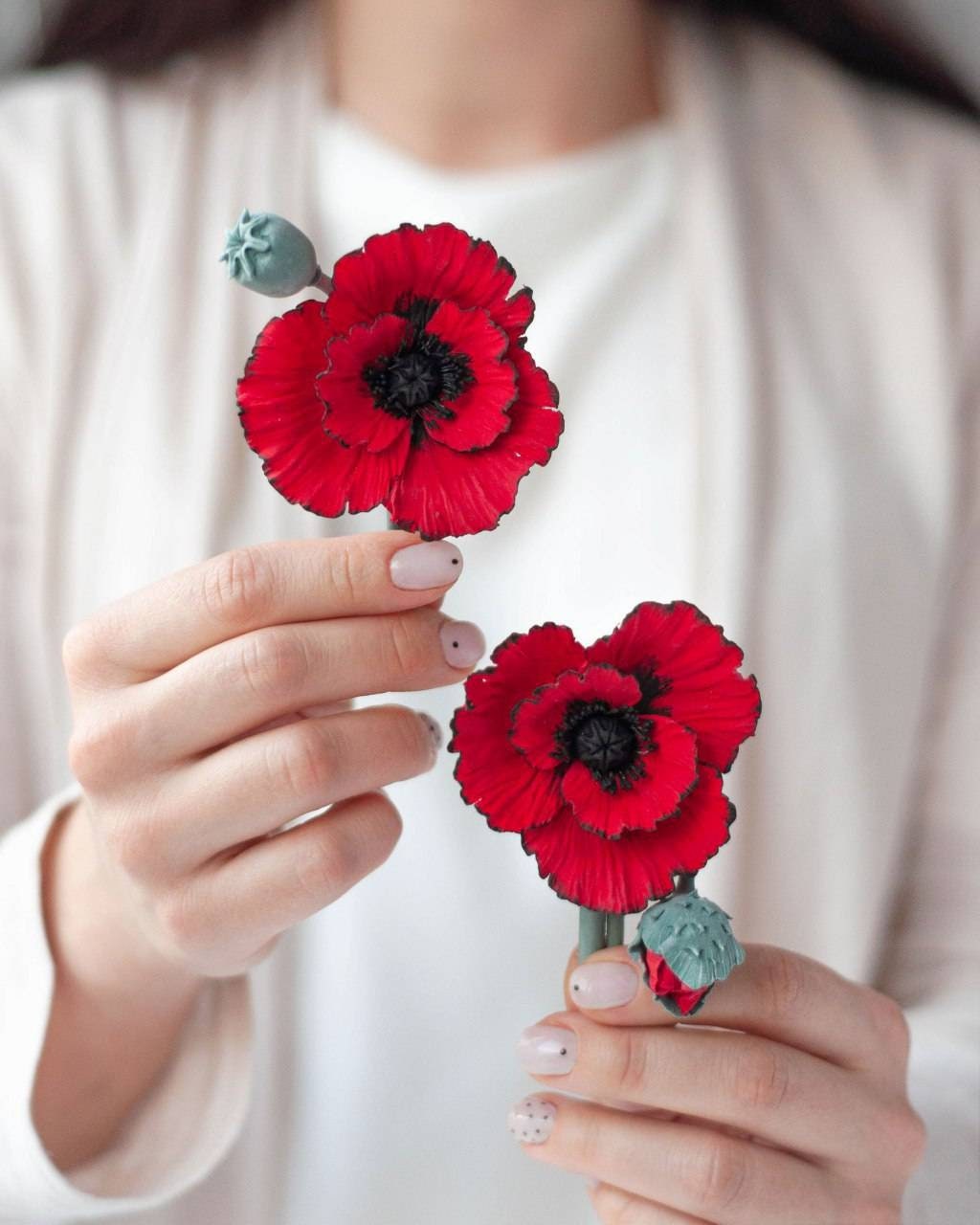 Red poppy lapel pin from air dry polymer clay fake flowers Etsy