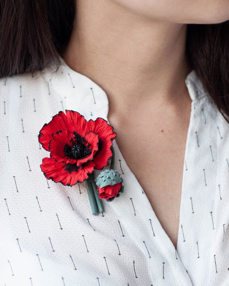 Red poppy lapel pin from air dry polymer clay fake flowers Etsy