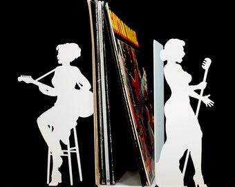 Pair of large black or white vinyl wedge bookends "Feminine Jazz"