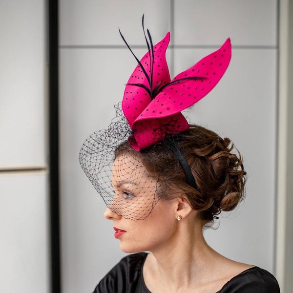 Hot Pink and Black Kentucky Derby Fascinator Hat with Birdcage Veil, Royal Ascot Hat, Fashion Party Fascinator READY to SHIP