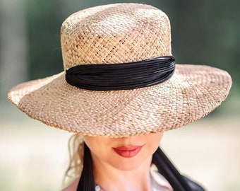 Luxury Straw Women Boater Hat with Ribbon Tie for Vacation, Wide Brim Kentucky  Boater Summer Women Hat, Drawstring Hat