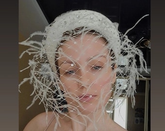 Wedding Ivory Veil Swarovski Crystal Halo Headband, Fashion Bridal Fascinator Hat, Veil Feathers Wedding Hat