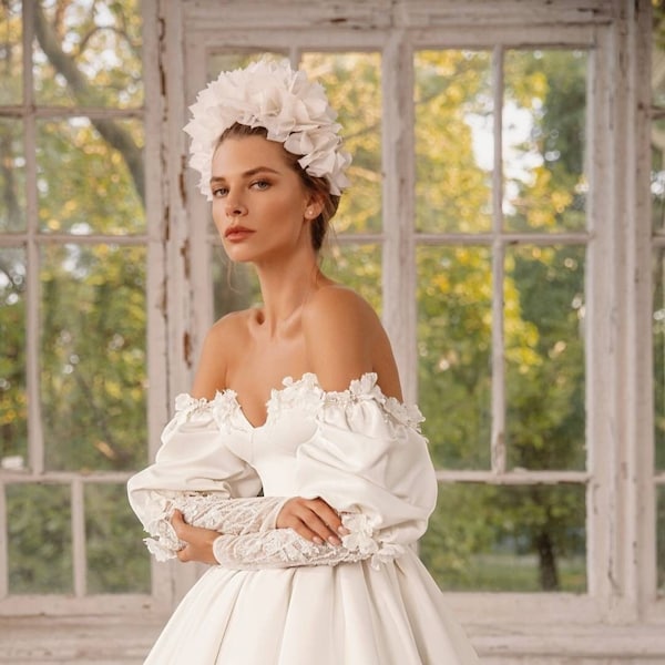 Bandeau de fleurs de mariée blanc/ivoire, casque de mariage floral, couronne de fleurs de mariage