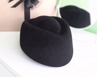 Black Felt Women Designer Pillbox Hat, Couture Occasion Hat for Modern Women, Stylish Pillbox Hat