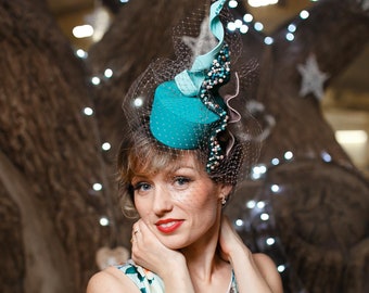 Fashoin Designer Turquoise/Grey  Fascinator Hat with Veil, Melbourne Royal Ascot Derby Fascinator Hat, evening party Dress hat