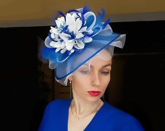 Fashion Modern Designer Blue/White Fascinator Hat Women, Mother of Bride Hat, Kentucky Derby Dress, Royal Ascot Hat, Cheer up gift for her