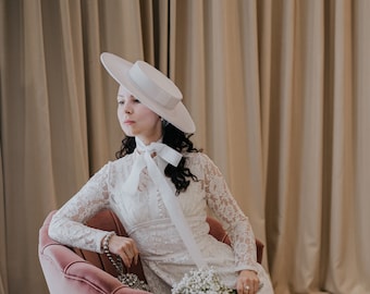 White Wedding Drawstring Large Brim Boater Hat, White Brim Bridal Canotier Hat with Ribbon, Vogue Style Hat