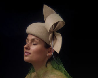 Beige Wool Fascinator Hat: Elegant Bow Pillbox, Kentucky Derby Race Hat